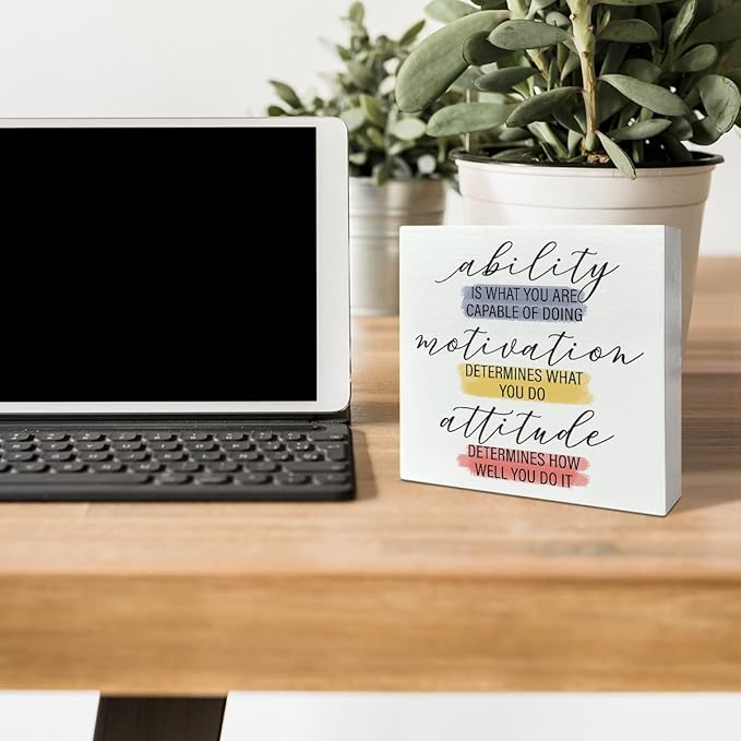 Home Office Desk Wooden Box Sign Decor, Ability Is What You Are Capable of Doing, Inspirational Quotes Desk Decor Motivational Desk Decorations for Women Men Student Office Classroom School - LeafyLoom