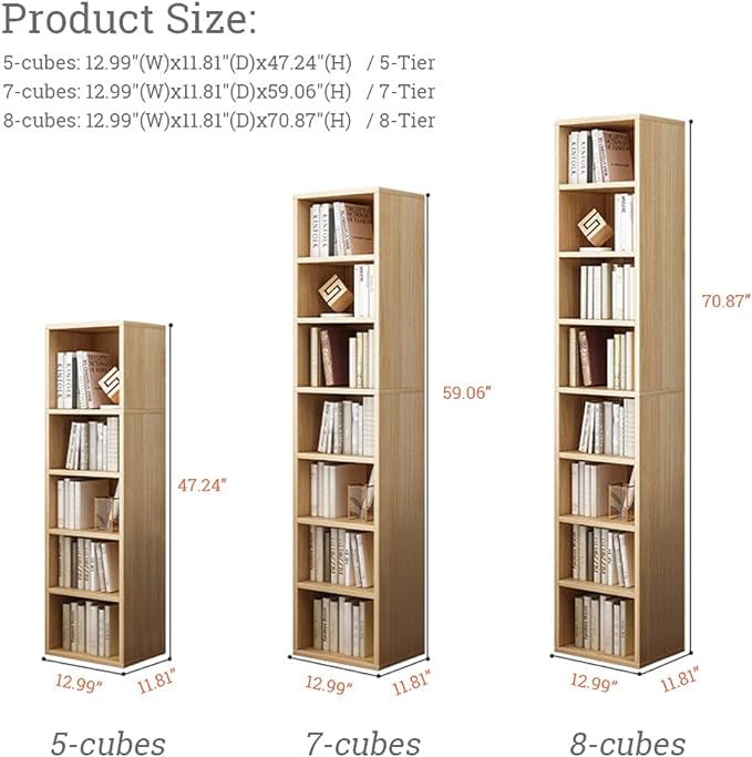 IOTXY Small Narrow Corner Bookcase - 59 Inches Tall Gap Freestanding Storage Cabinet, 7 Lattices Open Shelves Tower Rack, Cubes Bookshelf in White - LeafyLoom