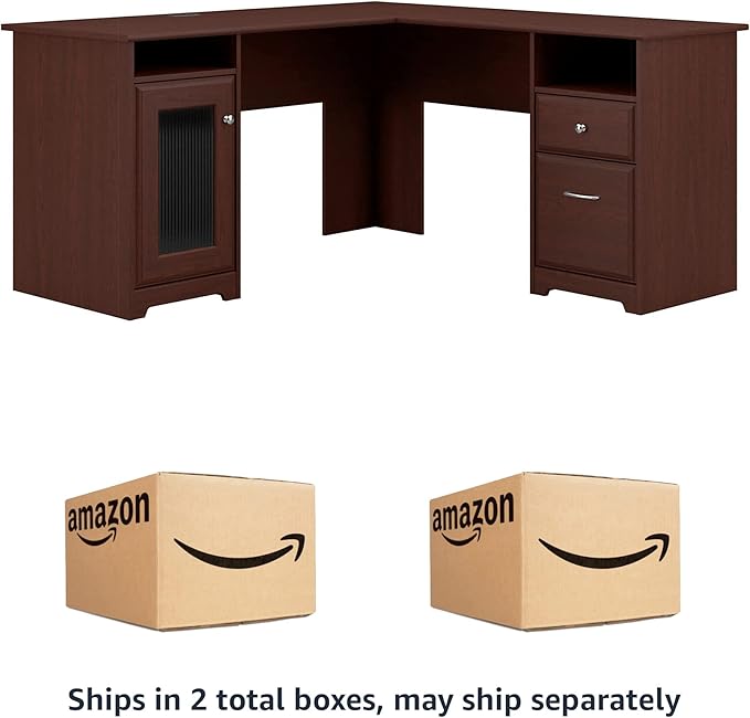 Bush Furniture Cabot L Shaped Computer Desk in Harvest Cherry | Corner Table with Drawers for Home Office - LeafyLoom