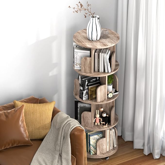 Nidouillet Rotating Bookshelf, 4 Tier Revolving Bookcase with Brake Wheels 360° Display Round Bookshelf Narrow Swivel Corner Book Shelf Standing Bookcase for Adult Bedroom, Living Room (Oak Grey) - LeafyLoom
