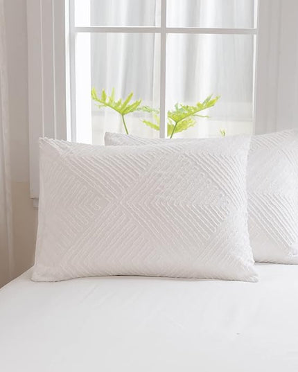 Queen Comforter Set, White Boho Bedding Comforter Sets Extra Fluffy, Tufted Design Bed Comforter 3 Pieces (1 Comforter, 2 Pillowcases) - LeafyLoom