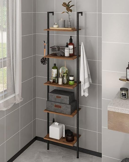 Industrial Bookshelf Wall Mounted 5-Tiers Ladder Shelf Wooden and Metal Narrow Thin Bookshelf Open Display Storage Rack for Living Room Bedroom Home Office (Rustic Brown, Small) - LeafyLoom
