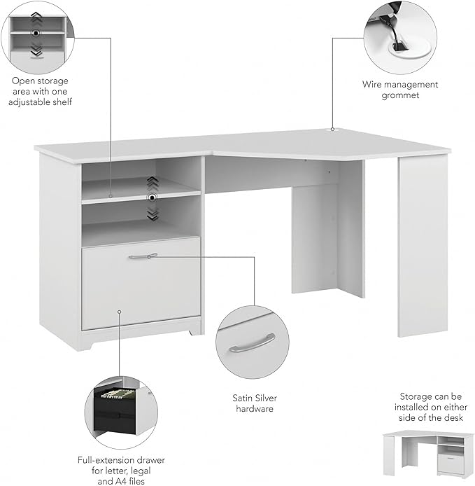 Bush Furniture Cabot 60W Corner Desk, White - LeafyLoom