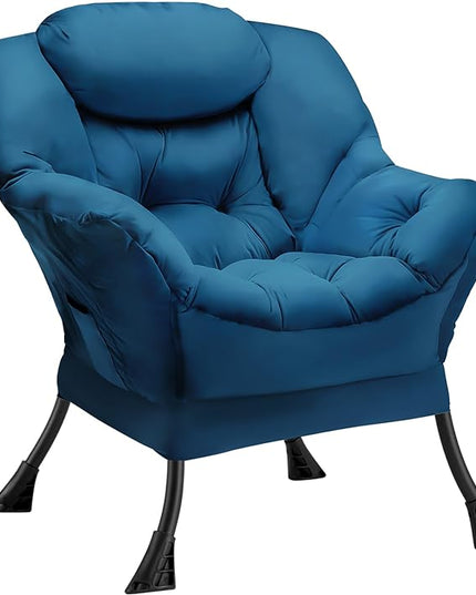 Fabric Lazy Chair Large Accent Chair,Velvet Frabic Modern Lounge Reading Chair with Armrests & Side Pocket,Upholstered Armchair for Living Room,Bedroom,Dorm,Blue - LeafyLoom
