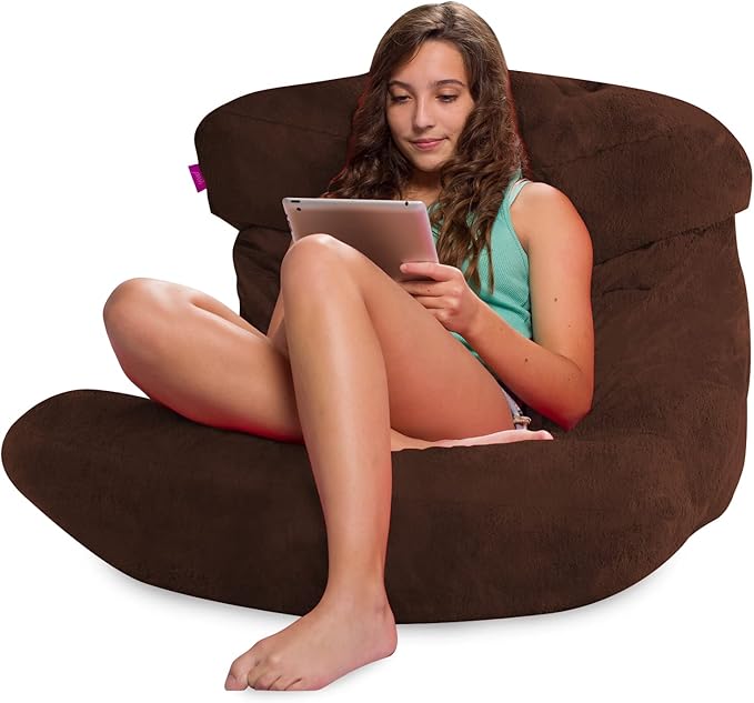 Posh Creations Structured Comfy Bean Bag Chair for Gaming, Reading, and Watching TV, Laguna Lounger, Rabbit Fur - Brown - LeafyLoom