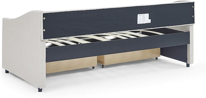 Upholstered Twin Size Daybed with Two Storage Trundle Drawers, Solid Wooden Bed Frame w/Button Tufted Backrest, No Box Spring Needed, for Kids, Bedroom, Dorm - LeafyLoom