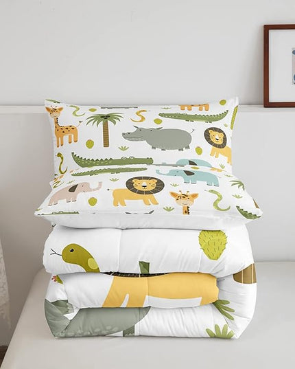 Feelyou Wild Animals Comforter Set Safari Animals Print Comforter for Boys Girls Teens Cute Hippo Crocodile Lion Bedding Set Kids Cartoon Elephant Giraffe Duvet Set Room Decor Quilt Set Twin Size - LeafyLoom