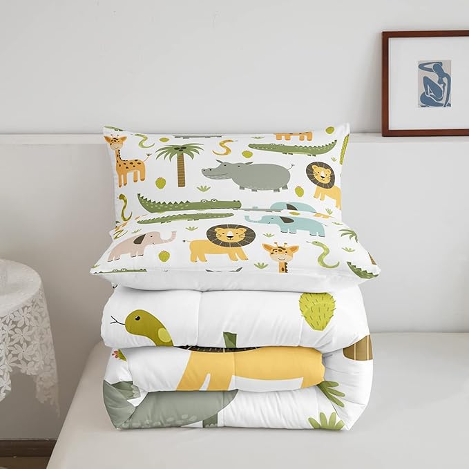 Feelyou Wild Animals Comforter Set Safari Animals Print Comforter for Boys Girls Teens Cute Hippo Crocodile Lion Bedding Set Kids Cartoon Elephant Giraffe Duvet Set Room Decor Quilt Set Twin Size - LeafyLoom
