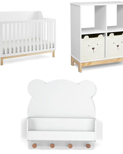 Delta Children babyGap Oxford 6-in-1 Convertible Crib + Brannan Bear Bookcase with Bins + Brannan Bear Wall Shelf with 4 Hooks, Bianca White/Natural (Bundle) - LeafyLoom