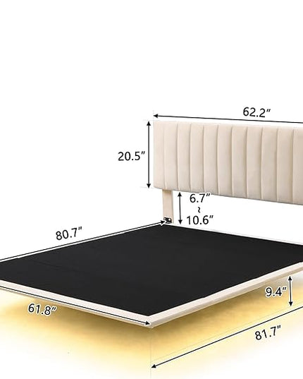 RITSU Queen Size Upholstered Floating Velvet Platform Bed with Sensor Light and Headboard, Plywood & Solid Bedframe, for Apartment Bedroom, No Need for Box Springs, Beige - LeafyLoom