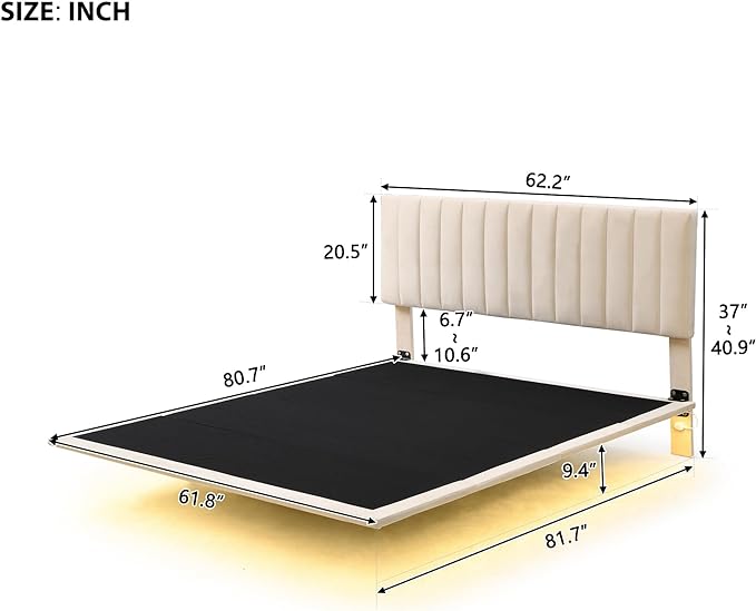 RITSU Queen Size Upholstered Floating Velvet Platform Bed with Sensor Light and Headboard, Plywood & Solid Bedframe, for Apartment Bedroom, No Need for Box Springs, Beige - LeafyLoom
