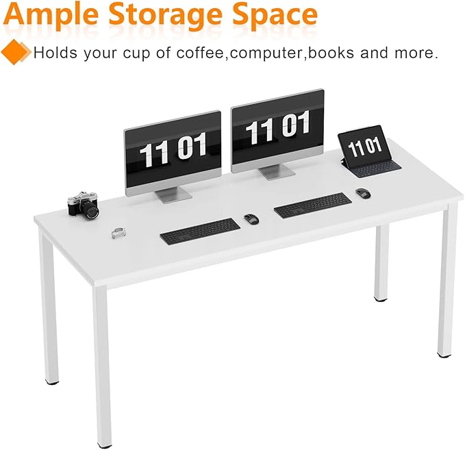Need 63 Inch Large Computer Desk - Modern Simple Style Home Office Gaming Desk, Basic Writing Table for Study Student, White Metal Frame, White - LeafyLoom