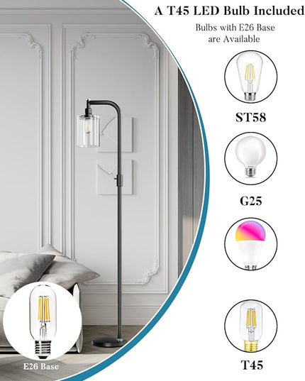 Lightdot 63IN Dimmable Industrial Floor Lamp, Black Modern Standing Lamps with Clear Glass Lampshade, E26 LED Bulb Included, Farmhouse Floor Lamp for Living Room Bedroom - LeafyLoom