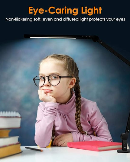 Desk Lamp with Clamp | Swing Arm Desk Light | Eye Caring Table Lamp, Dimmable, 5 Color Modes, Memory, Timer | Modern Architect Desk Lamps for Home Office Study Work Task Drafting Workbench - LeafyLoom