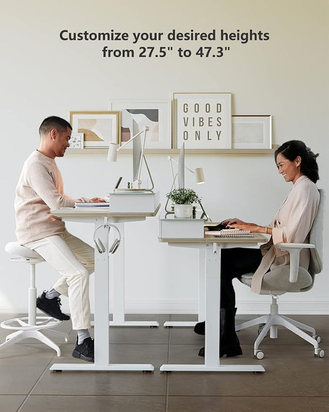 BANTI 48"x 26" Electric Standing Desk with Glass Top Monitor Stand, Adjustable Sit Stand Up Table with Double Drawer, Sit Stand Desk with Storage Shelf, Light Walnut Top - LeafyLoom