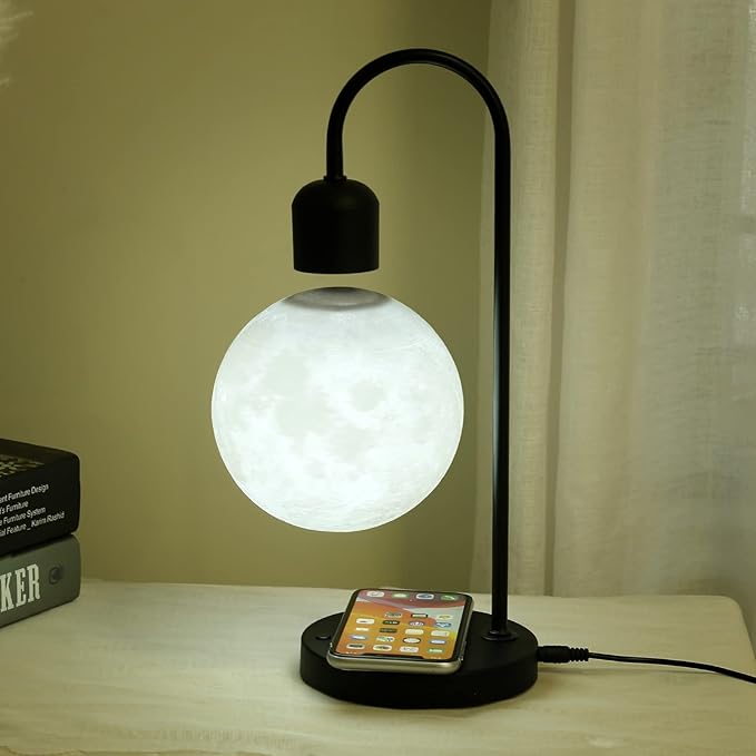 Floating Moon Lamp with Wireless Phone Charger & LED Levitating Ball in The Air Freely Unique Magnetic Cloud Desk Lamp with Cool Night Light, Home Office Decor & Gift for Friends Families - LeafyLoom