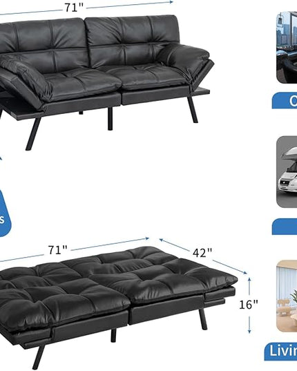 MUUEGM Faux Leather Futon Sofa Bed, Convertible Memory Foam Couch Bed, Modern Love Seat for Living Room,Compact Space,Apartment,Office,Adjustable Backrests Armrests Couch Sleeper,71" Matte Black - LeafyLoom