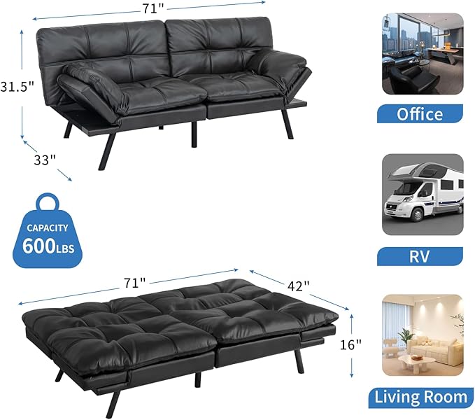 MUUEGM Faux Leather Futon Sofa Bed, Convertible Memory Foam Couch Bed, Modern Love Seat for Living Room,Compact Space,Apartment,Office,Adjustable Backrests Armrests Couch Sleeper,71" Matte Black - LeafyLoom