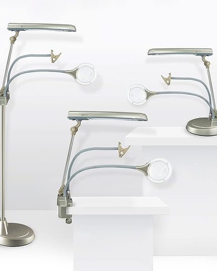 OttLite Ultimate 3-in-1 Craft Lamp, (Floor, Table and Clamp-On Lamp) 24w Energy Efficient Light Bulb for Bright Natural Daylight - Built-in Outlet, Adjustable Neck, 2X Magnifier & Versatile Height - LeafyLoom