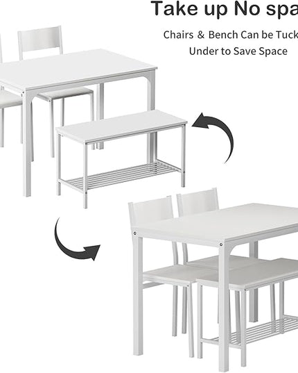 SogesHome 43.3'' Kitchen Dining Table Set for 4, 4 Piece Kitchen Table Bench Chairs Setfor 4, Space-Saving Table Set for Restaurant, Coffee Shop,White - LeafyLoom