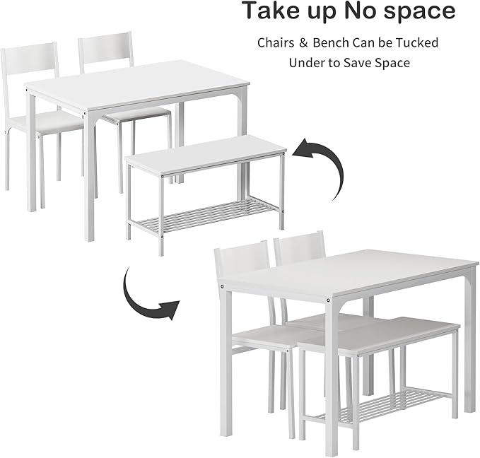 SogesHome 43.3'' Kitchen Dining Table Set for 4, 4 Piece Kitchen Table Bench Chairs Setfor 4, Space-Saving Table Set for Restaurant, Coffee Shop,White - LeafyLoom