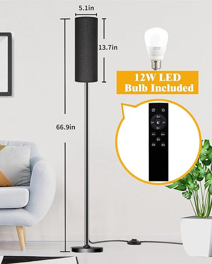 Floor Lamp for Living Room Bedroom, Modern Floor Lamp with Remote,Stepless Dimmable 12W Bulb Included,Standing Lamps LED Tall Lamp for Bedroom Office(Black) - LeafyLoom