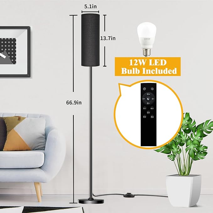 Floor Lamp for Living Room Bedroom, Modern Floor Lamp with Remote,Stepless Dimmable 12W Bulb Included,Standing Lamps LED Tall Lamp for Bedroom Office(Black) - LeafyLoom