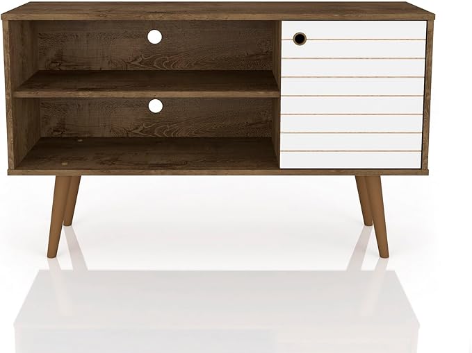 Manhattan Comfort Liberty Mid Century Modern TV Stand for Televisions up to 46 Inches, Bedroom and Living Room Entertainment Center with Storage, Shelves, and Cabinet, 43" Wide, Rustic Brown/White - LeafyLoom