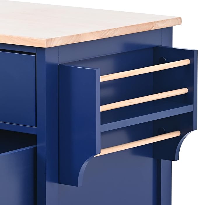 53Inch Kitchen Island Table with Rubber Wood Countertop & Storage, Kitchen-Cart on Locking Wheels w/ 8 Handle-Free Drawers and Side Rack, for Dinning Room, Coffee Bar Service - LeafyLoom