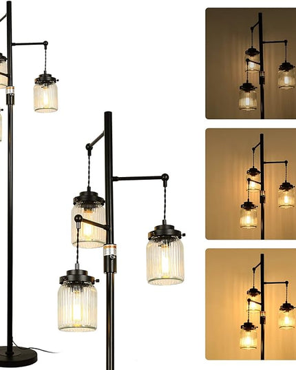 Industrial Farmhouse Rustic Lamp with 3 Glass Shades, Tall Standing Lamps with Dimmable Switch, Sturdy Base, Black Floor Lamps for Living Room Bedroom Office Home - LeafyLoom