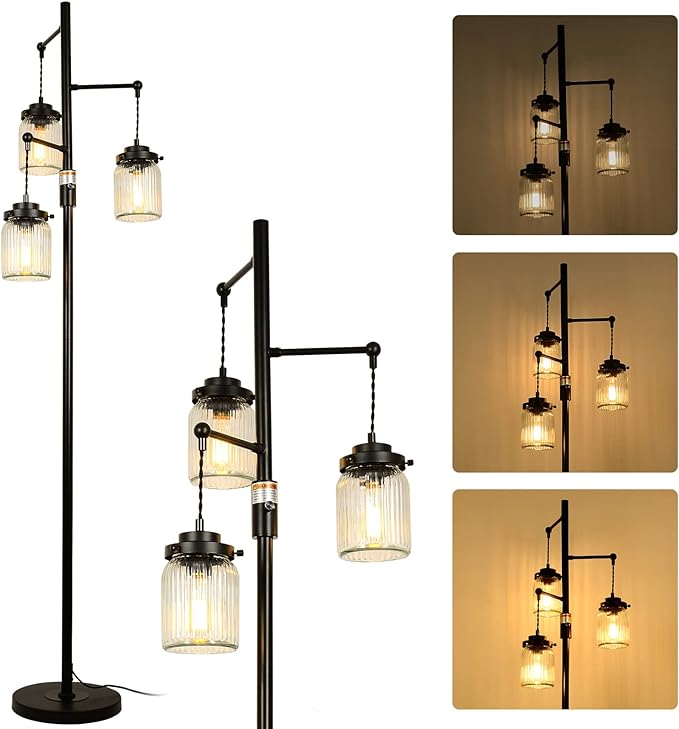 Industrial Farmhouse Rustic Lamp with 3 Glass Shades, Tall Standing Lamps with Dimmable Switch, Sturdy Base, Black Floor Lamps for Living Room Bedroom Office Home - LeafyLoom