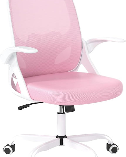Office Desk Chair with Lumbar Support Ergonomic Mesh Office Chair with Wheels and Flip-up Armrests Adjustable Height Swivel Computer Chair for Home and Office (Pink) - LeafyLoom