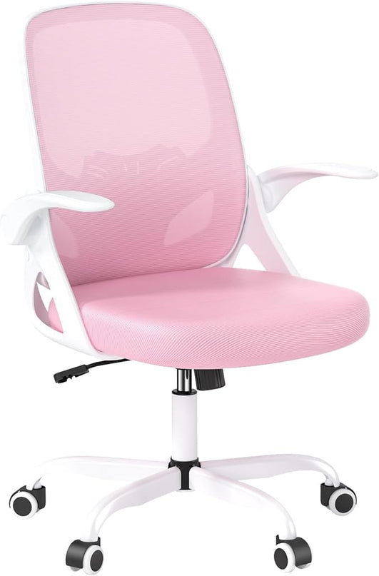 Office Desk Chair with Lumbar Support Ergonomic Mesh Office Chair with Wheels and Flip-up Armrests Adjustable Height Swivel Computer Chair for Home and Office (Pink) - LeafyLoom