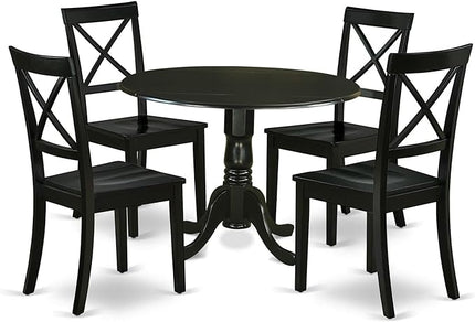 East West Furniture DLBO5-BLK-W 5 Piece Dinette Set for 4 Includes a Round Dining Room Table with Dropleaf and 4 Kitchen Dining Chairs, 42x42 Inch, Black - LeafyLoom