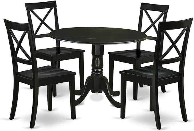 East West Furniture DLBO5-BLK-W 5 Piece Dinette Set for 4 Includes a Round Dining Room Table with Dropleaf and 4 Kitchen Dining Chairs, 42x42 Inch, Black - LeafyLoom