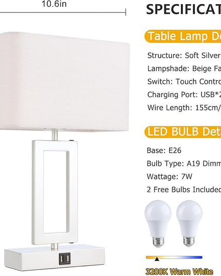 Lamps Set of 2 Touch Control Table Lamps with 2 USB Ports 3-Way Dimmable Bedside Nightstand Lamps for Bedrooms Silver Lamp for End Table Contemporary Lamps with Beige/Grey Shades - LeafyLoom