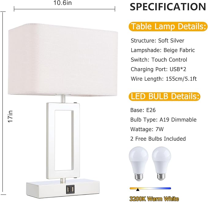 Lamps Set of 2 Touch Control Table Lamps with 2 USB Ports 3-Way Dimmable Bedside Nightstand Lamps for Bedrooms Silver Lamp for End Table Contemporary Lamps with Beige/Grey Shades - LeafyLoom