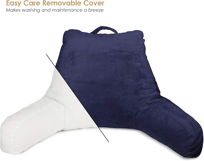 Clara Clark Reading Pillow for Kids, Small Back Pillow for Sitting Up in Bed, Memory Foam Back Support Pillow, Reading Pillows for Sitting in Bed, Navy Blue Gaming Pillow with Arms and Pockets - LeafyLoom