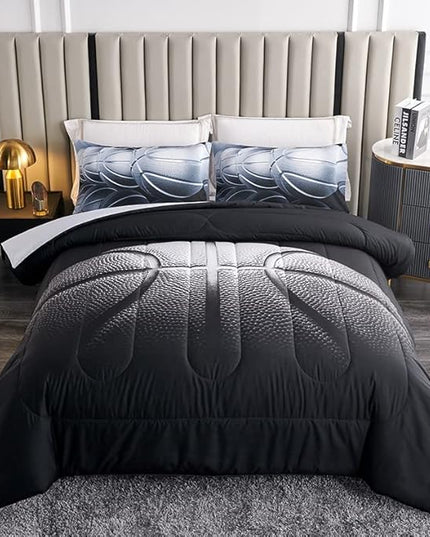 Teen Boy Comforter Set Full,Basketball Bedding Set for Kids Boys Teens,Black and Grey Sports Comforter Full with 2 Pillowcases,Basketball Comforter Full Size for Boys,All Season Use - LeafyLoom