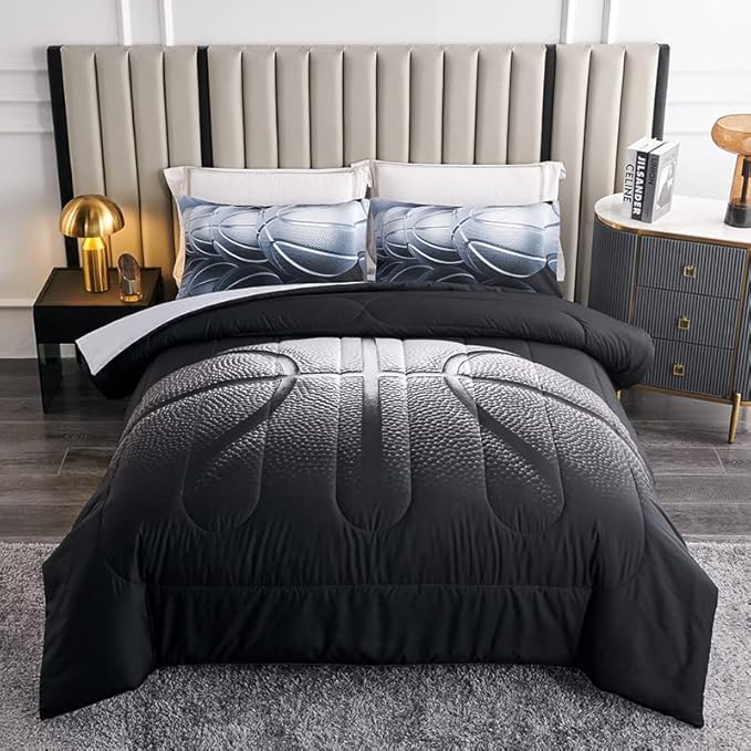 Teen Boy Comforter Set Full,Basketball Bedding Set for Kids Boys Teens,Black and Grey Sports Comforter Full with 2 Pillowcases,Basketball Comforter Full Size for Boys,All Season Use - LeafyLoom