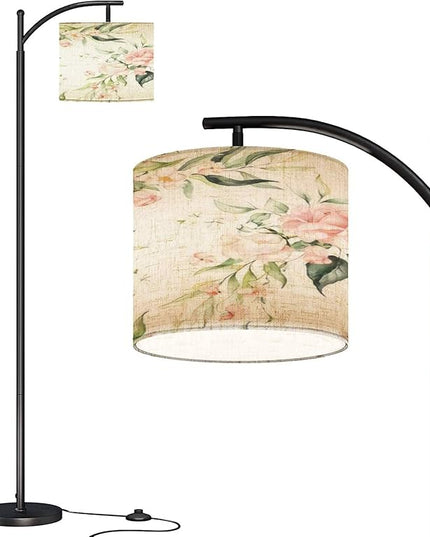 Modern Arc Floor Lamp with Dimmer Mid Century Seamless watercolor floral pink flowers green leaves branches white Metal Standing Lamp with Linen Shade Footswitch for Living Room Bedroom Office - LeafyLoom