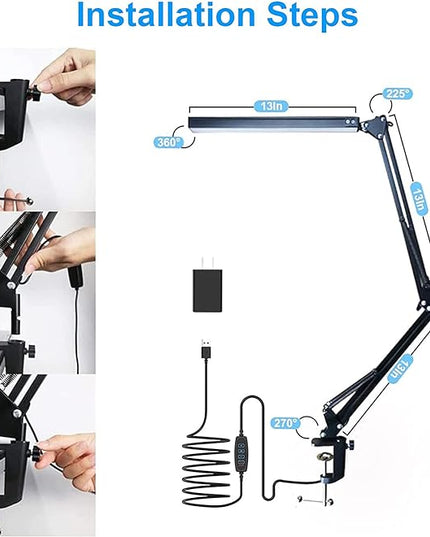 LED Desk Lamp for Home,Office,Reading,Adjustable Eye-Caring Desk Light with Clamp,Swing Arm Lamp Includes 3 Color Modes,10 Brightness Levels Table Lamps with Memory Function - LeafyLoom