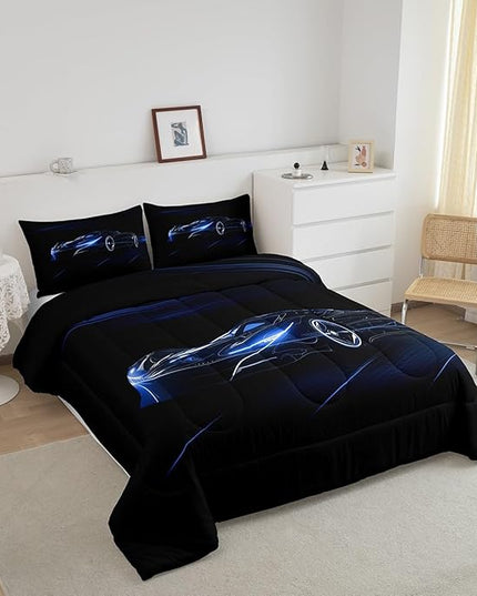 Feelyou Blue Race Car Bedding Set King Size for Kids Boys Extreme Sport Games Comforter Set Teens Toddler Fast and Furious Duvet Set Cool Modern Quilt Set 3Pcs - LeafyLoom