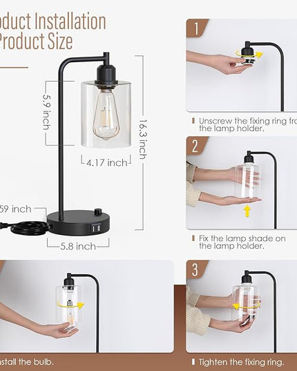 Yarra-Decor Industrial Bedside Table Lamp Set of 2 Fully Dimmable Lamps for Bedroom Modern USB Nightstand Lamp Set with Glass Shade Reading Table Lamps for Dorm, Office (LED Bulb Included) - LeafyLoom