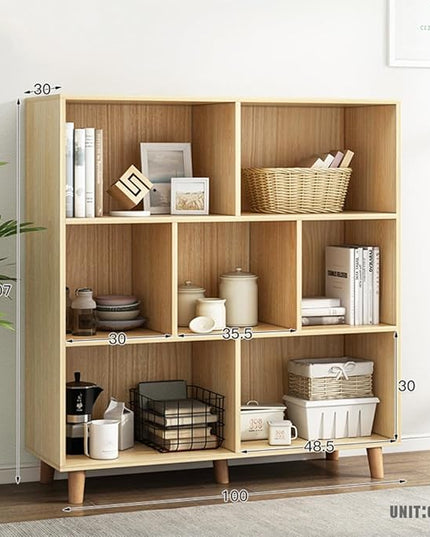 IOTXY Open Cube Low Bookcase - 3-Tier Freestanding Storage Display Cabinet Organizer with Legs for Home Office, 7-Cubes Open Shelf Short Bookshelf, Oak - LeafyLoom