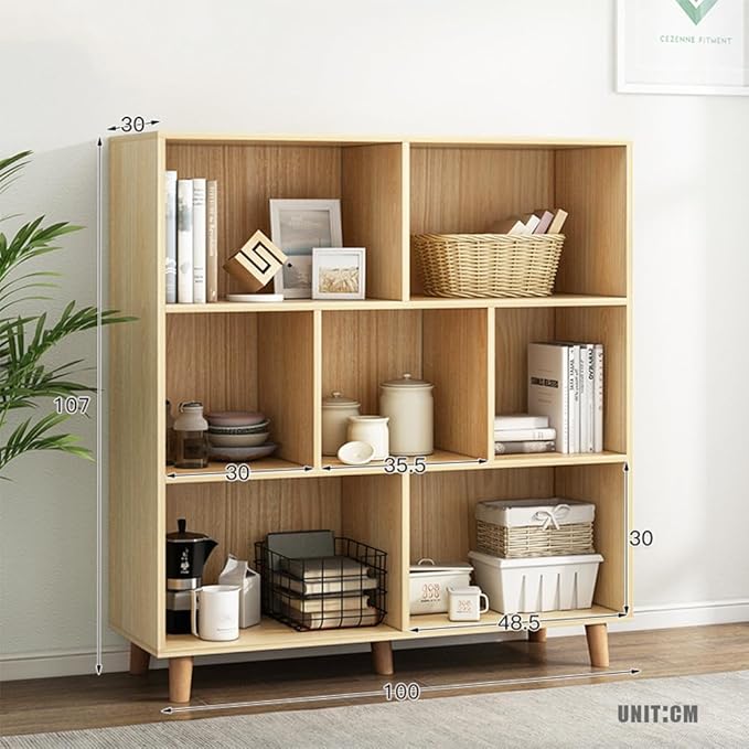 IOTXY Open Cube Low Bookcase - 3-Tier Freestanding Storage Display Cabinet Organizer with Legs for Home Office, 7-Cubes Open Shelf Short Bookshelf, Oak - LeafyLoom