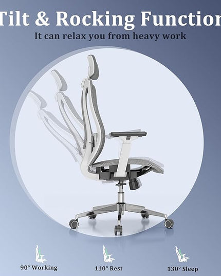 Ergonomic Mesh Office Chair, Computer Desk Chair with 3D Armrests, Adjustable Lumbar Cushion & Adjustable Headrest, High Back Home desk Chair with Tilt Function, Mesh Backrest & Seat - LeafyLoom