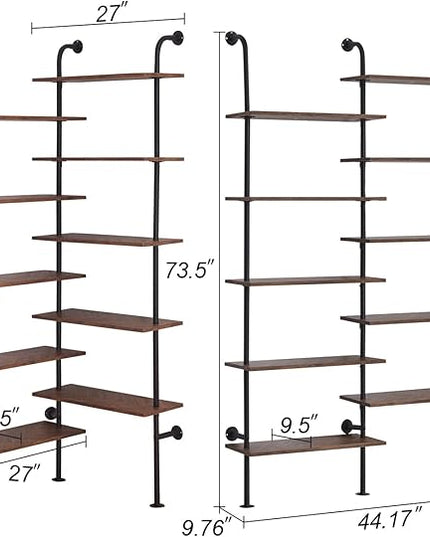 HOMBAZAAR Bookshelf,10-Tier L Shaped, Industrial Double Wide Wall Mount, Modern Bookcase with Metal Frame and Wood, Industrial Corner Pipe Shelf for Living Room and Office, Brown - LeafyLoom