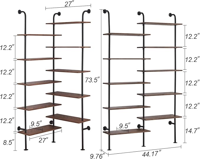 HOMBAZAAR Bookshelf,10-Tier L Shaped, Industrial Double Wide Wall Mount, Modern Bookcase with Metal Frame and Wood, Industrial Corner Pipe Shelf for Living Room and Office, Brown - LeafyLoom