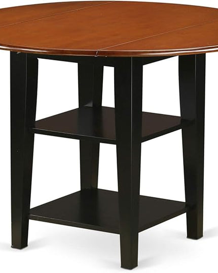 East West Furniture SUAN5-BCH-W 5 Piece Dining Set Includes a Round Dining Room Table with Dropleaf & Shelves and 4 Wood Seat Chairs, 42x42 Inch, Black & Cherry - LeafyLoom